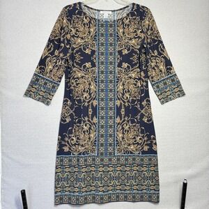 London Style Collection Dress Womens 12 Blue Floral 3/4 Sleeve Shift Knee Length